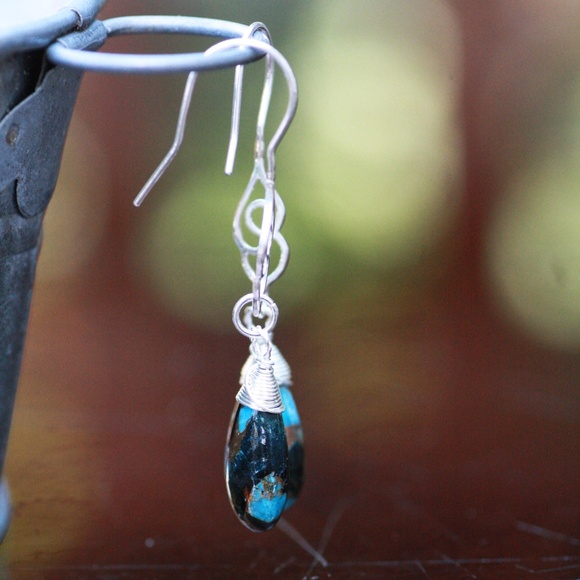 Handcrafted Natural Obsidian Turquoise Earrings Sterling Silver - Picture 5 of 7